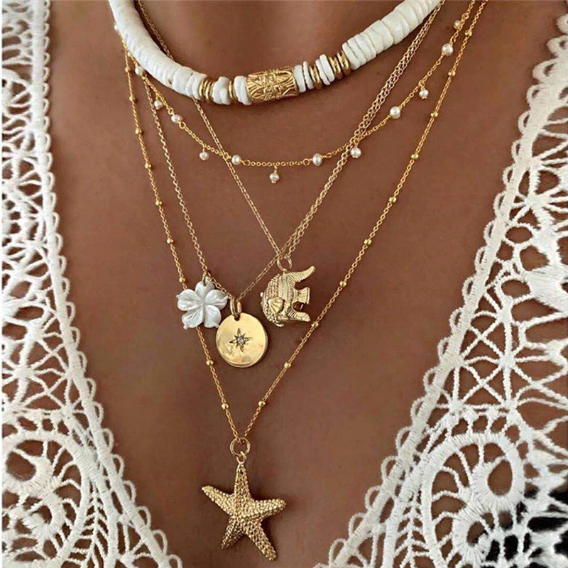 HI MAN Bohemian Mixed Handmade Acrylic Pearl Flower Elephant Coin Sun Starfish Five-tier Pendant Necklace Women Student Jewelry